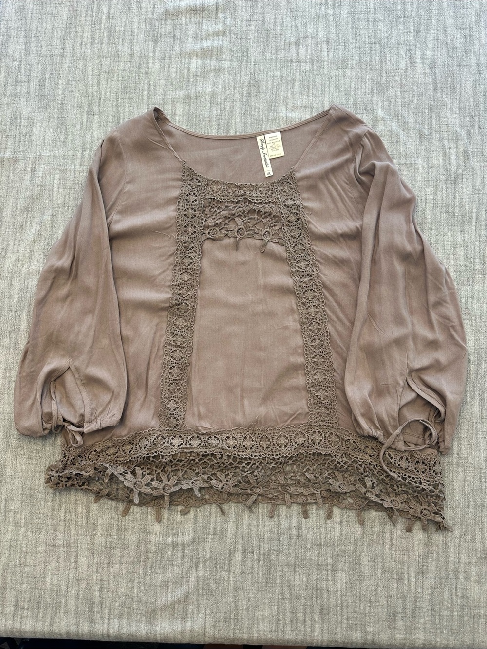 Crochet Trim Balloon Sleeve Top - Taupe